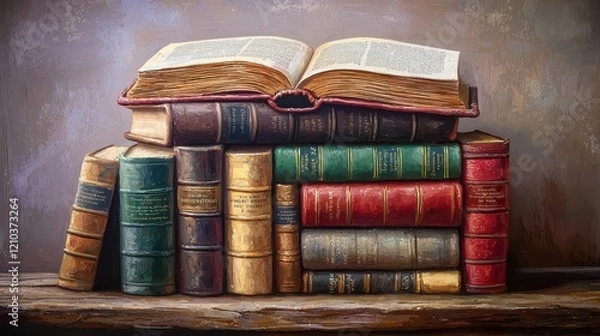 Fototapeta Vintage Style Books Stacked on Wooden Shelf, Displaying Old Leather Covers and Pages, Perfect for Literary Themes and Home Decor Inspiration