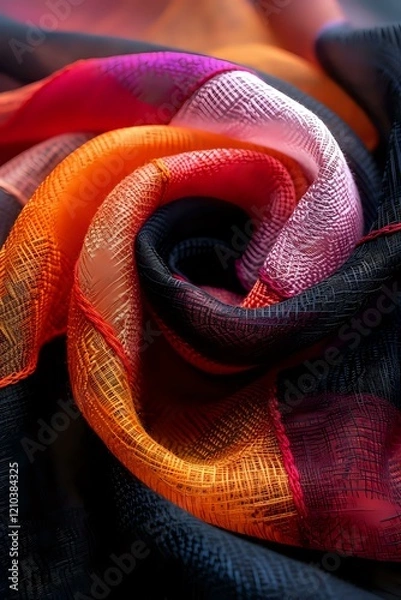 Fototapeta silk fabric swirl in vibrant orange, red and black colors creating dramatic curves and textures, perfect for luxury fashion and textile design backgrounds.