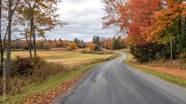 Fototapeta Winding road through colorful autumn foliage leading to a distant farm field landscape