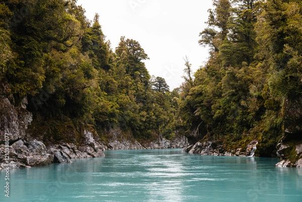Obraz Turquoise calm water in Hokitika Gorge with fogs rolling through lush green forests on a rainy summer day (South Island, New Zealand)