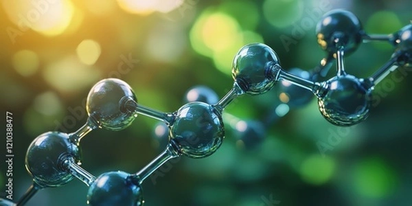 Fototapeta Closeup of shimmering pfas molecule with aqua bubbles in blurred nature environment