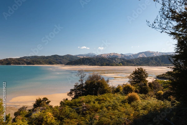 Obraz View onto Otuwhero Inlet in Abel Tasman National Park during sunset and low tide on a clear summer day (South Island, New Zealand)