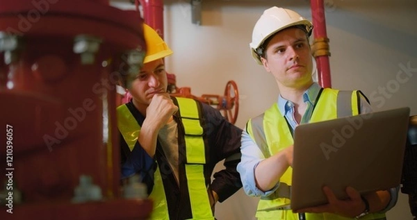 Fototapeta Engineers Analyzing Equipment inspects industrial piping while using a laptop checking maintenance the industry pipeline pump system construction under the building factory