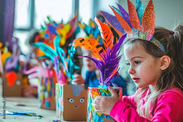 Fototapeta Children creating vibrant Mardi Gras crafts with feathers, glitter, and colorful materials, perfect for DIY tutorials, festive family activities, or celebration promotions