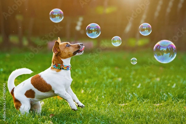 Obraz Szczeniak jack russell bawi się bańkami mydlanymi w lecie na świeżym powietrzu.