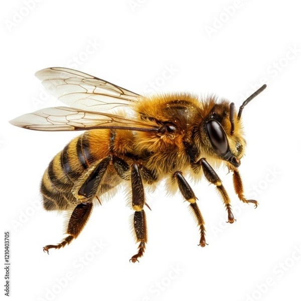 Fototapeta A close-up of a honeybee with golden brown fur, transparent wings and striped abdomen isolated on white background
