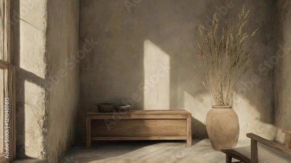 Fototapeta A cozy boho living space with wooden furniture, neutral decor, and an empty wall mockup, enhanced by soft textures and natural elements