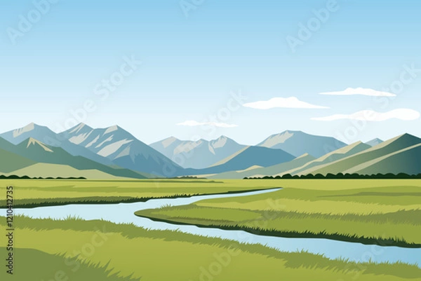 Obraz Steppe and mountains landscape vector illustration. Green steppe meadows and fields, a river and beautiful mountains. Mountain landscape and fields.