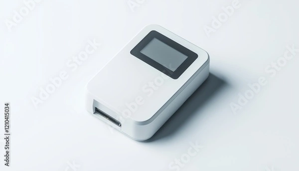 Fototapeta A portable business card scanner with a digital display and USB connection displayed on a solid white background, single object