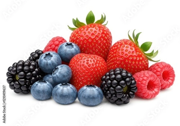 Fototapeta A fresh assortment of berries, including strawberries, blueberries, blackberries, and raspberries isolated on white background