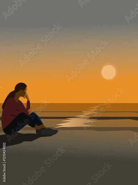 Obraz A woman sits on a sandy beach by the sea watching the sunset.