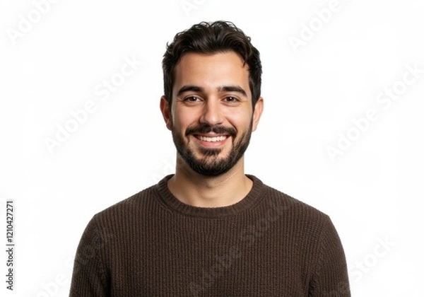 Fototapeta A smiling man with dark hair and a trimmed beard, wearing a brown sweater, standing casually, isolated on a white background