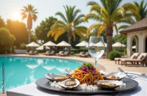Fototapeta delicious plate of oysters and pasta, set on a table with a wine glass and a view of a beautiful resort pool