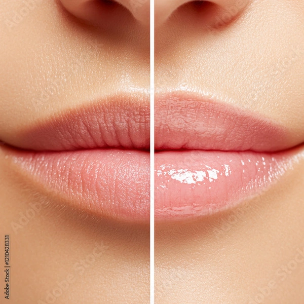 Obraz Close-up of female lips showing a before and after comparison of lip care treatment, highlighting hydration and gloss application.  
