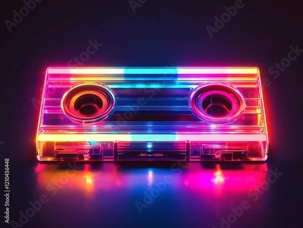 Fototapeta Futuristic neon cassette tape with glowing multicolored lights in a cyberpunk retro synthwave style, perfect for nostalgic music and technology themes