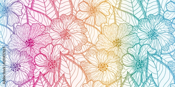 Fototapeta Vector illustration of colorful gradient seamless floral pattern. Floral organic background with dotted flowers and leaves. For textile, wallpaper and packaging.