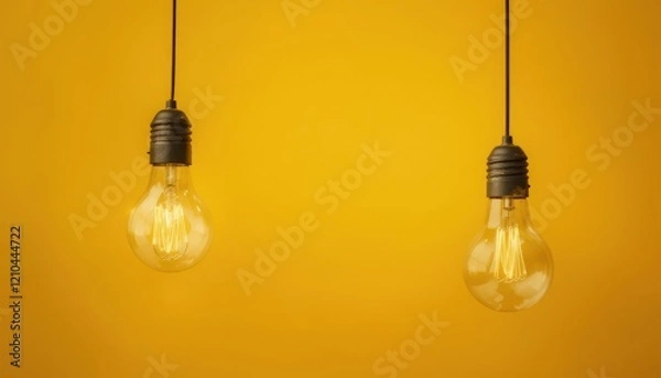 Fototapeta Two Edison Bulbs Hanging Yellow Background Idea