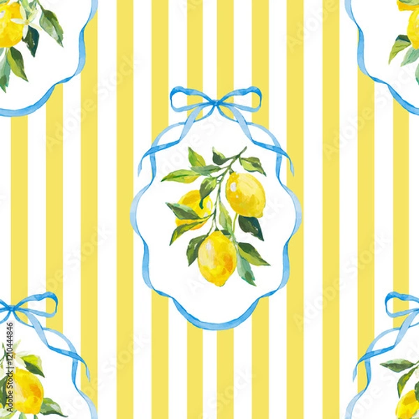 Obraz Beautiful vector seamless checkered pattern with bows and lemons. Composition with vintage bows and handmade ribbons. Blue ribbon on a yellow striped background.