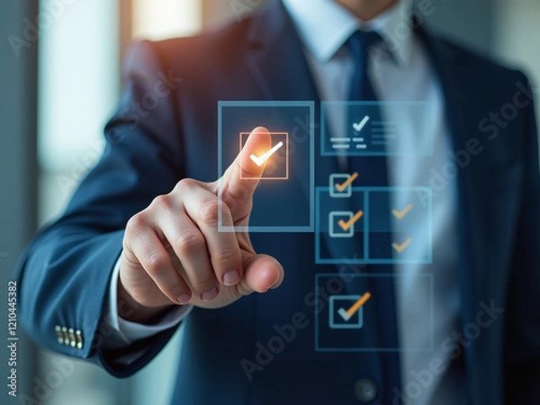 Fototapeta Businessman Touches Virtual Checklist Interface, Symbolizing Efficient Workflow, Success, And Goal Management In A Professional Setting. 00003