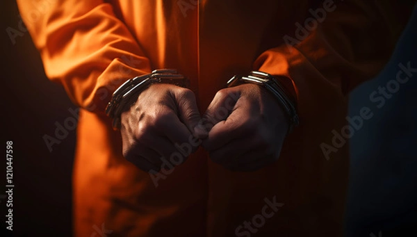 Fototapeta A close-up captures a handcuffed convict in an orange prison jumpsuit during a trial. The accused lawbreaker faces the verdict and is sentenced to jail time.