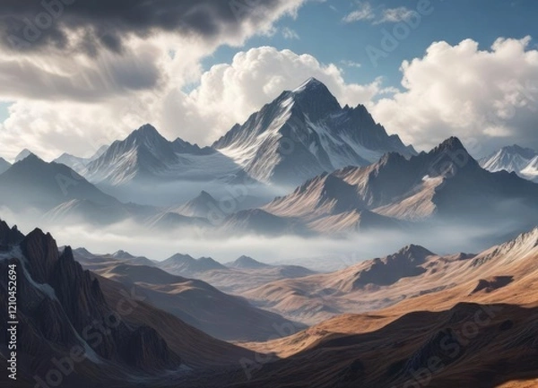 Fototapeta A vast, stratified cloud layer covers the mountainscape of a towering mountain range, clouds, vast