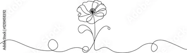 Fototapeta Poppy one line drawing. Abstract flower continuous line. Minimalist contour drawing of red poppy seed. Continuous line drawing of flower poppy seed.Hand drawn sketch of flower with leaves.