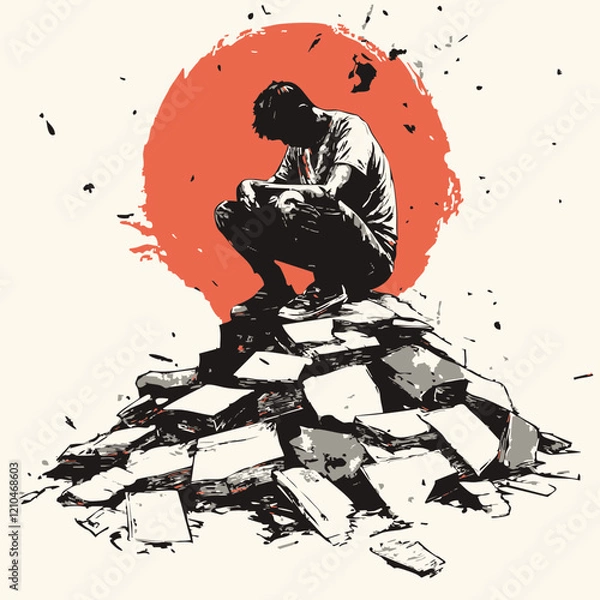 Fototapeta Man Contemplating Amidst a Pile of Documents. Vector Image