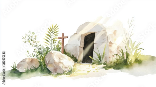 Fototapeta Watercolor depiction of an empty tomb with sunlight and greenery