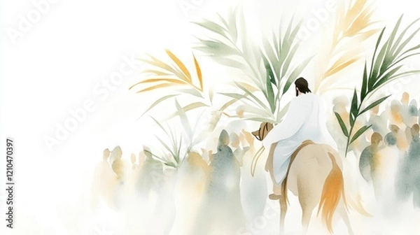 Fototapeta Watercolor jesus riding donkey amidst crowd with palm leaves