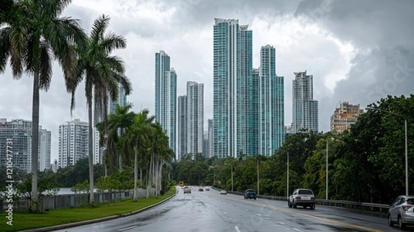 Fototapeta Road with tall skyscrapers rising in the background, representing progress and the path to growth and development 