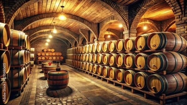 Fototapeta A warm and inviting wine cellar with wooden barrels and vintage wine crates, holiday atmosphere, festive, wood