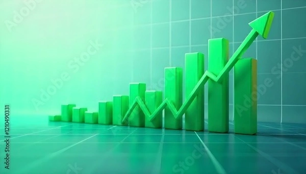 Fototapeta 3D glowing green financial bar graph with rising arrow on mint background