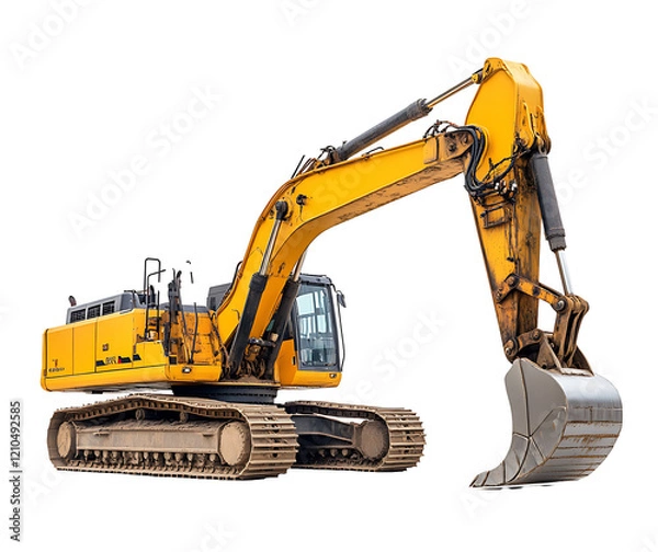 Obraz Powerful Excavator: A robust yellow excavator, showcasing its powerful arm and bucket, stands ready for heavy-duty work. The image highlights the machine's strength and industrial capabilities. 