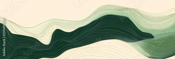 Fototapeta A stylish abstract pattern with flowing wavy lines in deep green and soft beige. Modern, organic design perfect for backgrounds, textiles, and decor.