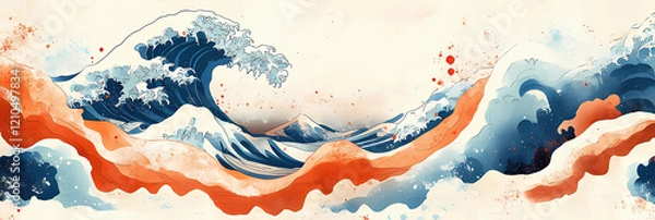 Obraz traditional and classic Japanese design elements with orange, blue and white waves and Japanese paper textures