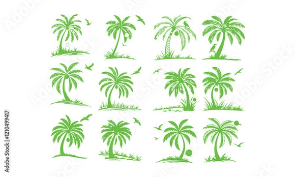 Obraz Palm silhouettes. Highly Detailed Palm Trees, Tropical trees for design about nature. A palm tree isolated on white. Black palm trees set isolated on white background.