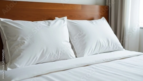 Obraz A cozy hotel room featuring a white-sheeted bed with a wooden headboard and a curtained window