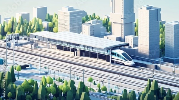 Fototapeta 3D illustration of a modern city with a train station, high-speed rail, and buildings around the station