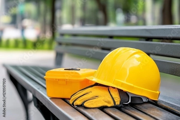 Fototapeta Safety gear including a yellow hard hat, gloves, and toolbox placed on a park bench during a sunny day