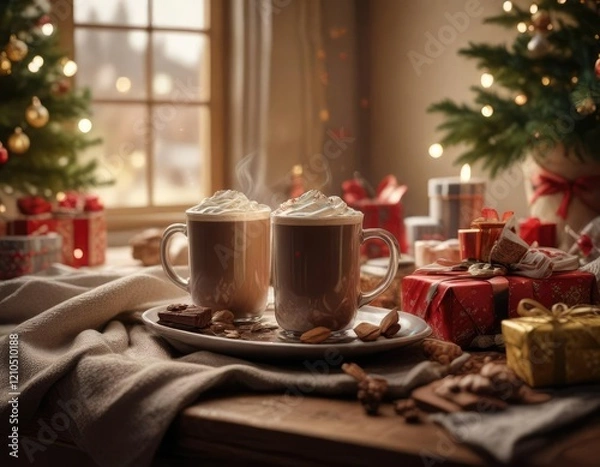 Obraz A warm and cozy Christmas morning scene with hot chocolate and presents, relaxing scene, togetherness