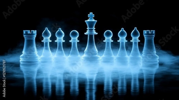 Fototapeta A row of illuminated glass chess pieces are arranged on a dark surface with a misty fog
