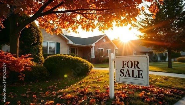 Obraz Home with "For sale" sign on the front lawn in sunny autumn