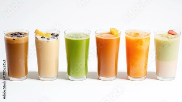 Fototapeta A collection of milk tea variations, including classic, matcha, and fruit-flavored options, displayed in clear glasses against a white background.