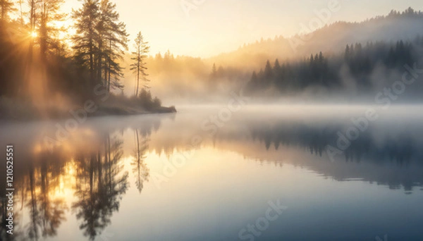 Fototapeta a serene lake scene with trees and mountains under a misty sky at sunrise. The tranquil water reflects the landscape creating a mirror-like image