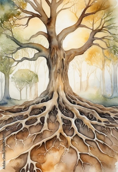 Fototapeta Intricate bare tree silhouettes rise against a soft background, showcasing detailed roots and a calming atmosphere typical of a forest at dusk, capturing nature's stillness.