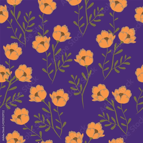 Fototapeta Seamless floral pattern, artistic ditsy print with vintage motif. Elegant botanical design with simple hand drawn plants: small white flowers, leaves on a black background. Vector illustration