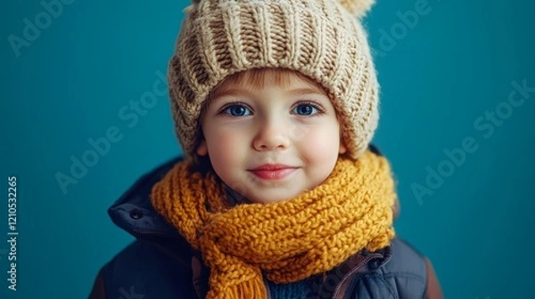 Fototapeta A charming child wearing a knitted hat and a bright yellow scarf, set against a vibrant blue background, This image is perfect for winter-themed marketing, children's clothing