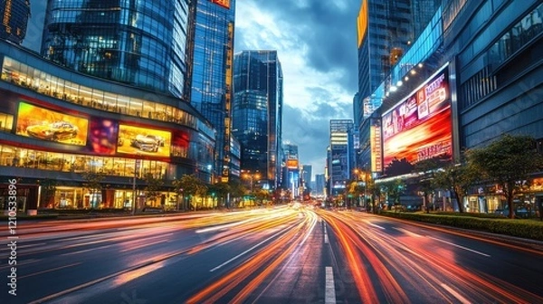 Fototapeta A modern city street with high-rise buildings and illuminated billboards, capturing the contrast between the bright lights and the dark sky.