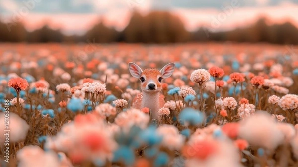 Fototapeta Fawn in colorful flower field, sunset background, nature scene, idyllic