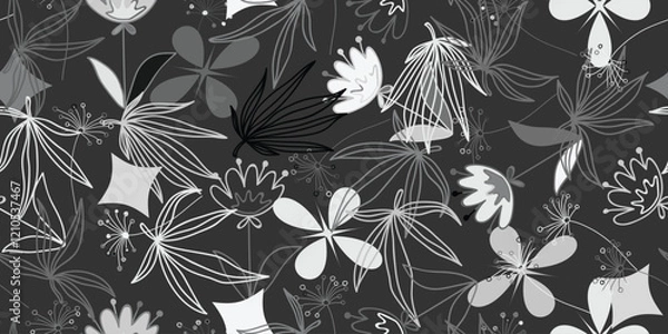 Fototapeta floral seamless pattern. Meadow plants, leaf and flowers. All over print. Botanical collage in modern flat style. black and white Vector illustration